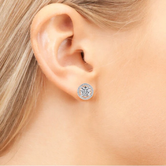 Ariel 18k White Gold Plated Halo Stud Earrings with CZ Crystals - Picture 3 of 5